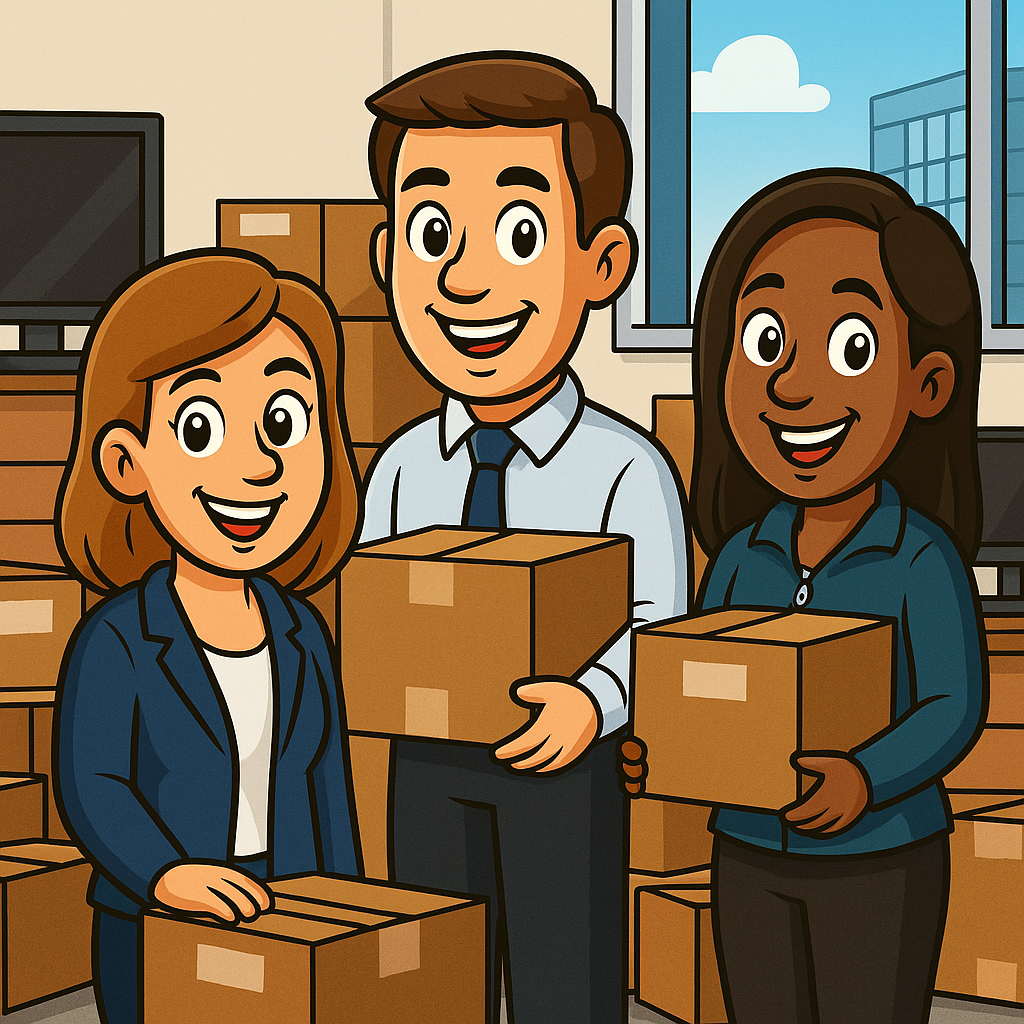 Cartoon office team carrying moving boxes